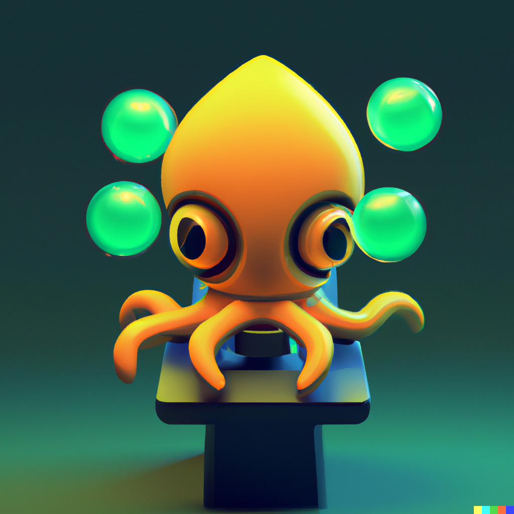 3d render of a cute yellow squid playing an arcade game on a dark green background, digital art